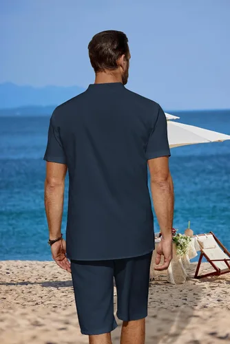 Vista 3 de COOFANDY Conjunto de 2 piezas de lino para hombre, camisas Henley casuales de manga corta, pantalones cortos de yoga para la playa, pantalones