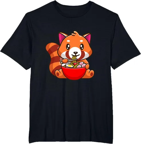 Vista 24 de Camiseta Kawaii Anime Red Panda Eating Ramen Noodles, Negro, S