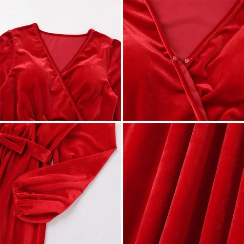 Vista 6 de AWIBMK Vestidos de Navidad para mamá y yo, vestido de terciopelo de manga larga, otoño, invierno, Navidad, vacaciones, mamá, hija, trajes a juego