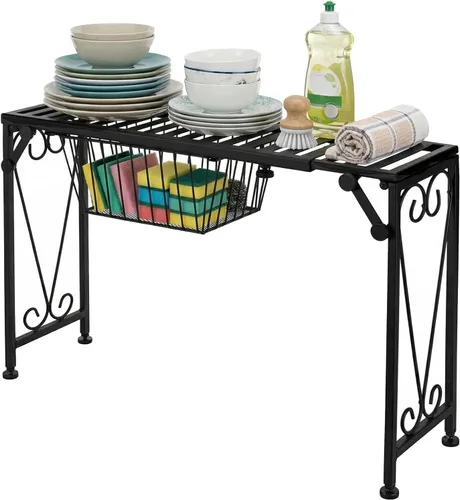 Vista 7 de MyGift Estante para colocar sobre el fregadero con cajón extraíble, estante extensible de metal negro para cocina sobre el fregadero, estante