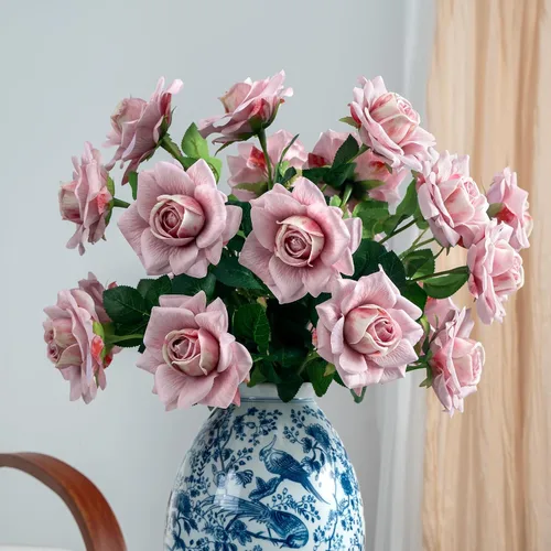 Vista 13 de Flores artificiales de 23.2 pulgadas, 20 rosas artificiales de tallo largo, flores artificiales de tallo largo para jarrón alto, rosa de seda, Azul