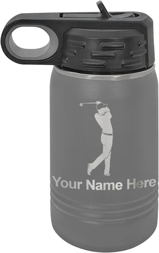 Vista 71 de LaserGram Botella de agua personalizada, golfista de golf, acero inoxidable de doble pared aislada al vacío con popote superior, regalo grabado Negro