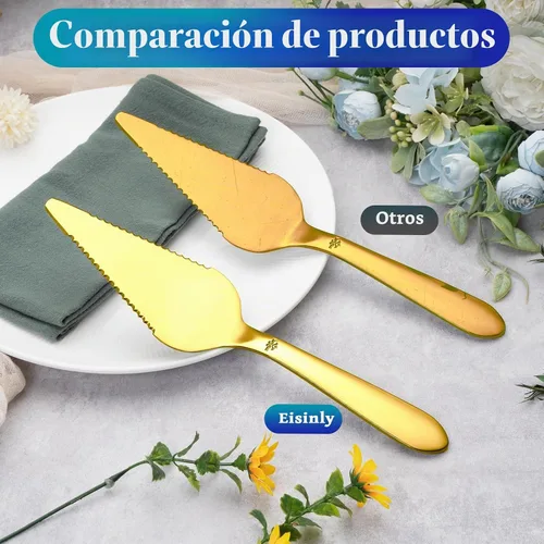 Vista 4 de Juego de servidor de pasteles y tartas Eisinly para boda, elegante juego de servidor y cortador de pizza con bordes dentados grandes de acero Dorado