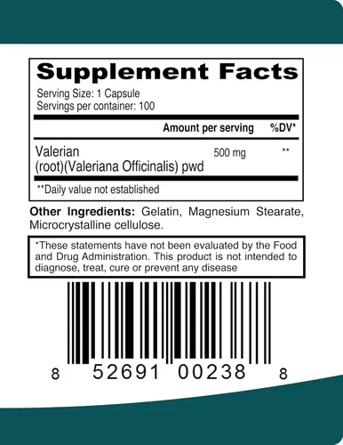 Vista 4 de Cápsulas de raíz de valeriana 500mg suplemento orgánico del extracto de la hierba 100 píldoras