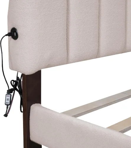 Vista 6 de Cama de plataforma tapizada tamaño Queen con un cajón de almacenamiento, base de cama LED inteligente multifuncional con cabecera de forro polar