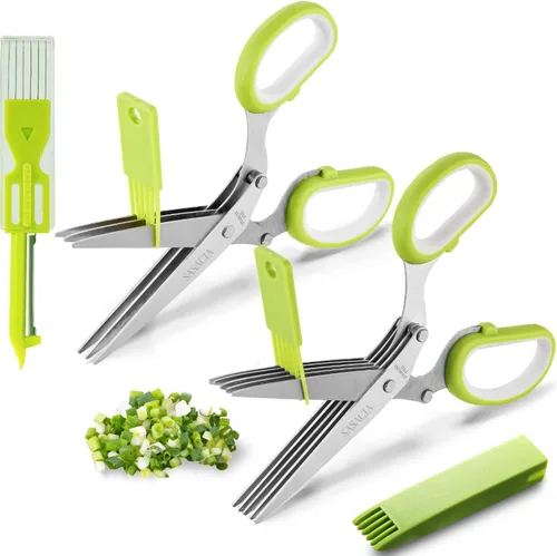 Vista 9 de Tijeras de hierbas con 5 cuchillas y kit de limpieza, tijeras de cocina de acero inoxidable para hierbas, lechuga, cilantro, aptas para Rojo y negro