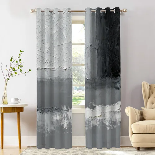Vista 202 de Shrahala Beige and Orange Abstract Art Brushstrokes Blackout Curtain Tiers, Abstract Oil Paint Kitchen Valance Light Blocking Tier Drapes with Rod