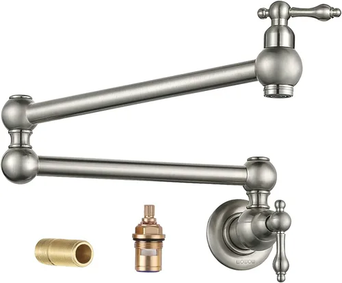 Vista 13 de WOWOW Grifo de llenado de ollas de bronce antiguo, grifo de cocina de montaje en pared de latón con brazos oscilantes de doble junta