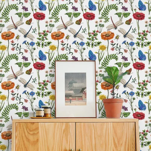 Vista 6 de VaryPaper Papel tapiz floral brillante de 17.7 x 78.7 pulgadas, para pegar y despegar, papel tapiz bohemio de hojas de musgo, libélula, mariposa
