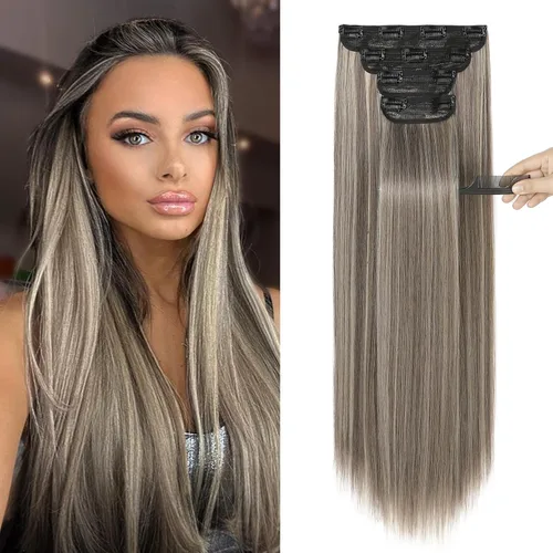 Vista 37 de REECHO - Juego de 4 extensiones de cabello sintético con clip de 12 pulgadas, 14 pulgadas y 16 pulgadas, lacio, largo y grueso, marrón oscuro