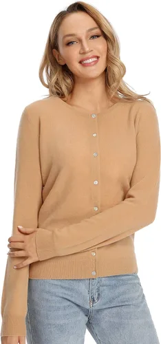 Vista 2 de LANPULUX Suéter 100% lana para mujer, cárdigan con botones y parte delantera abierta, cuello redondo