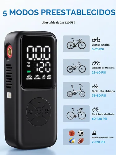 Vista 7 de GPUTEK Mini bomba eléctrica para bicicleta, bomba de bicicleta de 120 PSI