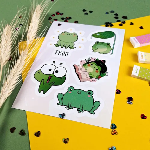 Vista 7 de BulbaCraft Conjunto de calcomanías de ranas kawaii, 50 piezas de vinilo verde y blanco para niños, impermeable, resistente a los arañazos, uso