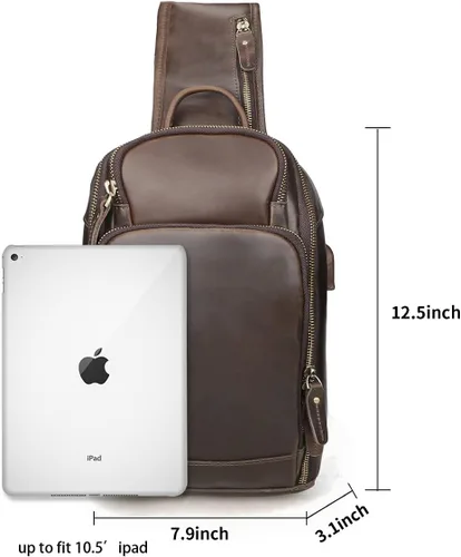 Vista 2 de Mochila retro de cuero de vaca real para hombre, mochila para iPad de 11 pulgadas, Marrón, Cabestrillo
