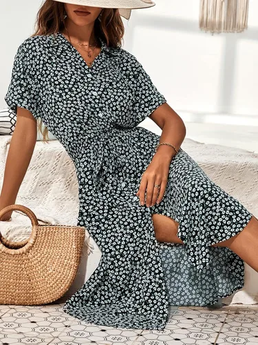 Vista 3 de CUPSHE Vestido camisero de manga corta con botones y volantes para mujer vestido de verano de manga corta cuello en V vestido midi