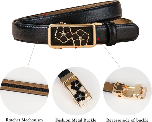 Vista 338 de Cinturón de cuero clásico con hebilla de metal para mujer con vestido de jeans