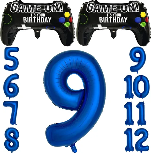 Vista 5 de Suministros de fiesta de videojuegos azul marino para decoración de fiesta de 5º cumpleaños para niños, 2 paquetes de globos de juego con globo azul