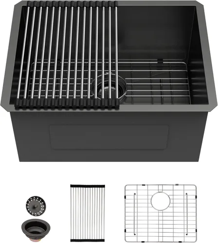 Vista 19 de Sarlai Gold Fregadero de Cocina Empotrado - Fregadero de Cocina de 28 Pulgadas Empotrado de Acero Inoxidable Dorado Tazón Individual de 28" x 19