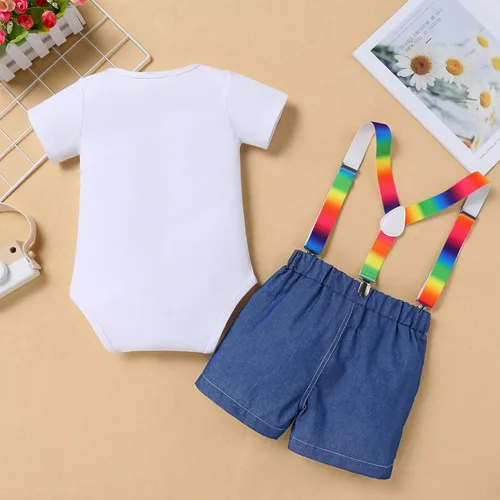 Vista 2 de IMEKIS Toddler Boys Melon Birthday Outfit Romper Top + Jeans Shorts + Suspenders Cake Smash Photo Shoot Summer Clothes 1-5T