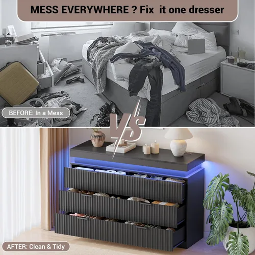 Vista 8 de Cómoda acanalada de 6 cajones para dormitorio con estación de Negro
