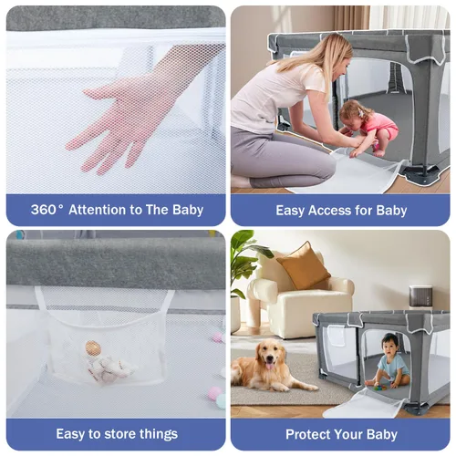 Vista 5 de Corralito plegable para bebés de 59"x71", corralito para bebés y niños pequeños con alfombra, corralito plegable con puerta, área