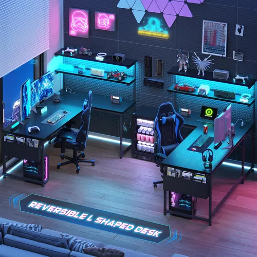 Vista 2 de DurayLoly Escritorio en forma de L para juegos con luz LED y toma de corriente, escritorio reversible en forma de L para computadora de 43.3