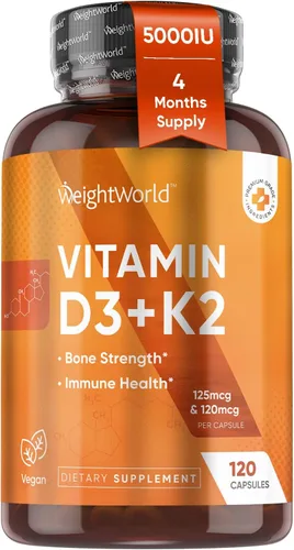 Vista 9 de WeightWorld Vitamina D3 4000 IU + K2 (MK-7) 125mcg - 240 tabletas Huesos, músculos, apoyo inmunológico y absorción de calcio Vitamina vegana a