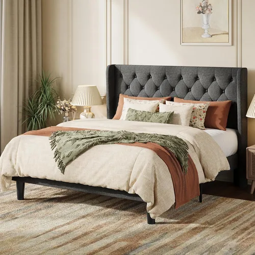 Vista 10 de SHA CERLIN Marco de cama tapizado completo, diseño capitoné con botones, color beige