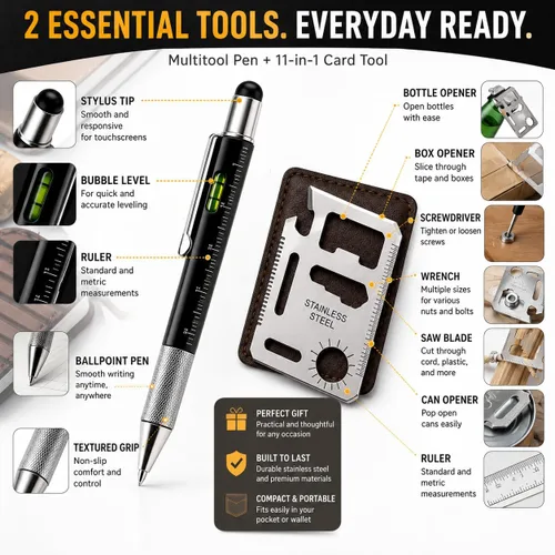 Vista 3 de Regalos para hombres: bolígrafo multiherramienta 6 en 1 y juego de herramientas para tarjetas 11 en 1, accesorios geniales para hombres, regalos