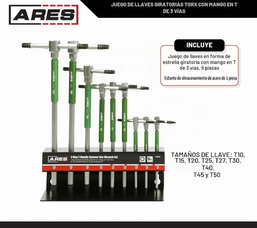 Vista 2 de ARES 44003 9-Pc Torx T-Handle Star Key Set - T10-T50, 3-Way Spinner