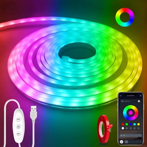 Vista 10 de Tira de luces LED de neón, tira de luces LED alimentada por USB de 6.6 pies, luz de cuerda RGB de cambio de color de 5V con sincronización de música