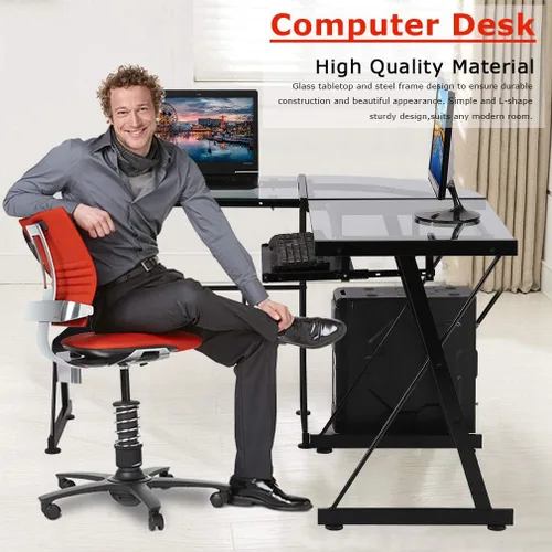Vista 3 de Vnewone Escritorio de computadora para juegos, oficina, escritorio en forma de L, escritorio en esquina, negro, para estudiantes, oficina en casa