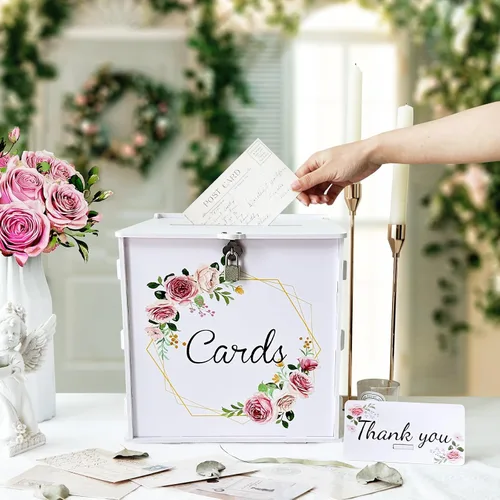 Vista 4 de OurWarm Caja de tarjetas de boda blanca de PVC con cerradura, caja de tarjeta de regalo para recepción de boda, caja de sobres de dinero de boda