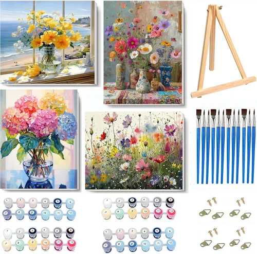 Vista 19 de VIGEGU Paquete de 4 pinturas por números para adultos, lienzo enmarcado, con caballete de madera, pintura por números para niños de 8 a 12 años