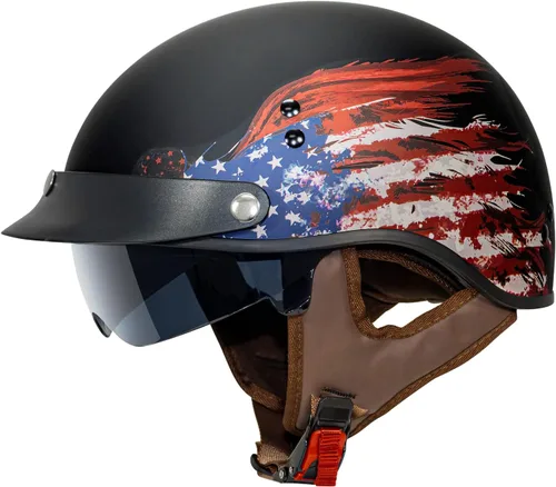 Vista 9 de VCAN Cruiser - Casco de motocicleta de media cara con visera abatible, pico extraíble y hebilla de liberación rápida