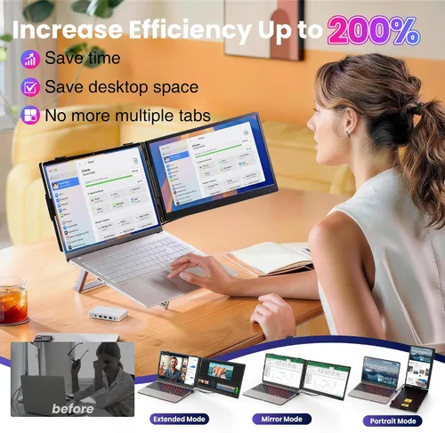 Vista 8 de Extensor de pantalla para portátil de 0.27 pulgadas, ultrafino, monitor portátil dual de 14 pulgadas FHD 1080P IPS, USB-C/HDMI Plug & Play pantalla