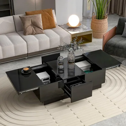 Vista 9 de Quarte Mesa de centro de estilo moderno de 2 niveles con iluminación LED de 16 colores, mesa de cóctel con control remoto y gran lugar