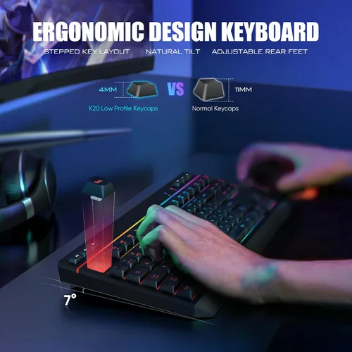 Vista 4 de RedThunder K20 TKL Combo de teclado y mouse inalámbricos, batería recargable con retroiluminación RGB ajustable, teclado de diseño compacto