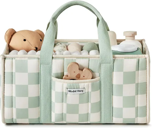 Vista 8 de Blissful Diary Organizador de pañales a cuadros, elegante cesta de almacenamiento para guardería, regalo para baby shower, artículos esenciales