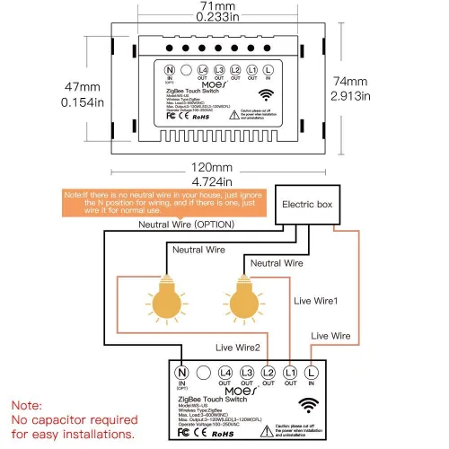 Vista 7 de MOES ZigBee - Interruptor de luz de pared táctil inteligente, requiere Tuya ZigBee Hub, sin cable neutro/cableado N+L, sin condensador, Smart Life