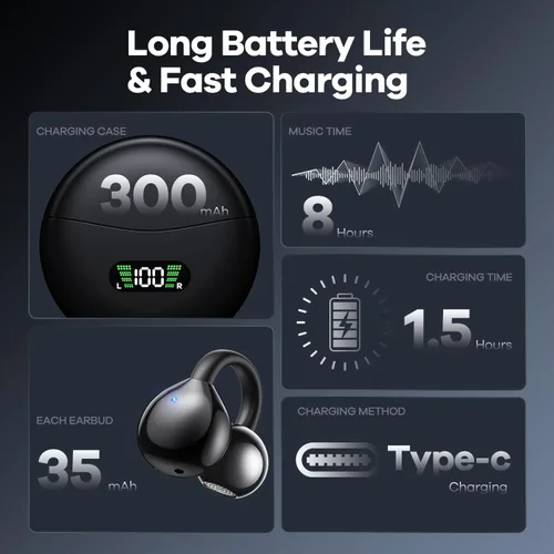 Vista 2 de Auriculares inalámbricos abiertos con clip de oreja con pantalla digital LED, estuche de carga, control táctil, Bluetooth 5.4, conducción de aire