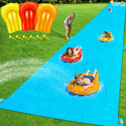 Vista 8 de iGeeKid Toboganes de agua de piña con 2 tablas de bodyboards para niños y adultos, juguetes de agua resistentes, aspersores, 2 carriles de carreras