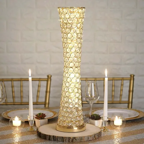 Vista 12 de Efavormart - Juego de 2 jarrones de trompeta con cuentas doradas de cristal para mesa de boda, 23 pulgadas de alto