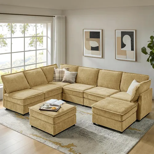 Vista 9 de HULALA HOME Sofá seccional modular, sofá grande en forma de U de 8 asientos con otomano de almacenamiento, sofá cómodo de chenilla con asiento