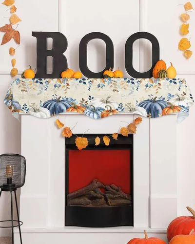 Vista 4 de Bufanda beige para chimenea de Acción de Gracias, bufanda de chimenea, calabaza de otoño, hojas de eucalipto, bufandas para chimenea, estante