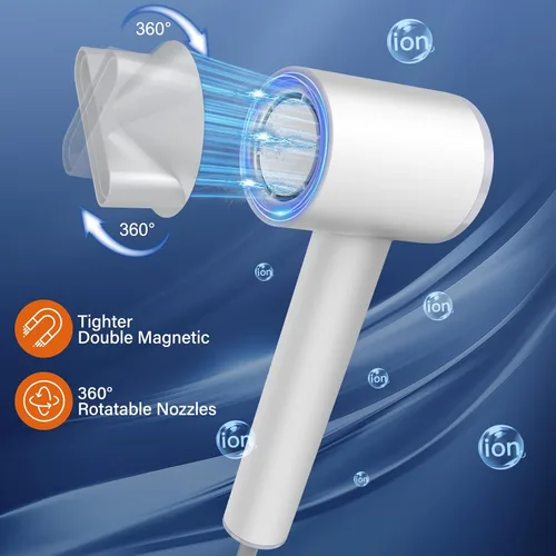 Vista 5 de Secador de pelo de alta velocidad de 110,000 RPM para secado rápido, secador de pelo iónico con difusor, boquilla magnética y pantalla LED, secador