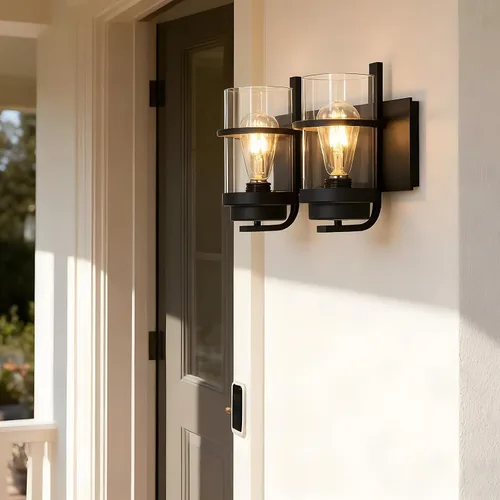 Vista 11 de Apliques de pared de color negro mate y latón, moderna lámpara de pared interior para chimenea, lámpara de pared de granja para baño, pasillos Negro