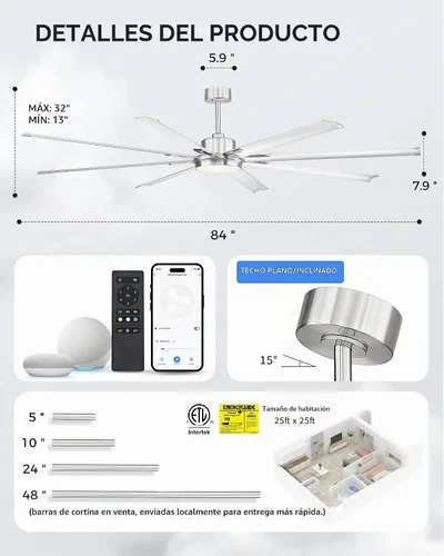 Vista 5 de Ventilador de techo de 84 pulgadas con luz, cuchillas de aluminio Níquel cepillado