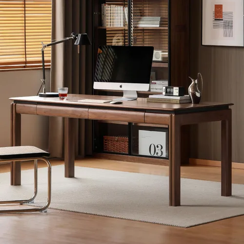 Vista 16 de Escritorio de madera maciza con acabado de nogal, escritorio pequeño para oficina en casa, escritorio de computadora para espacios pequeños