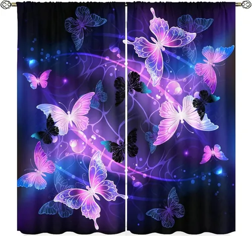 Vista 12 de Cortinas opacas de pavo real, hermoso patrón de estampado de flores de pavo real azul, estampado de mariposas y pavo real, juego de 2 paneles